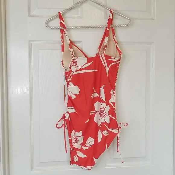 Kona Sol Red White Floral One Piece V Neck Swimsuit Size Small 4-6 - Picture 4 of 12